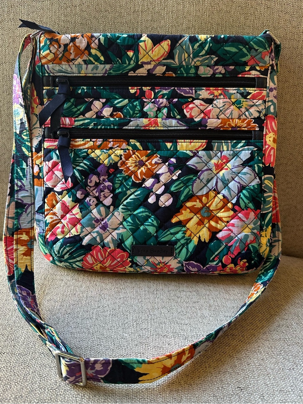 Vera Bradley Triple Zip Hipster Crossbody in Happy Blooms Bright Floral Pattern